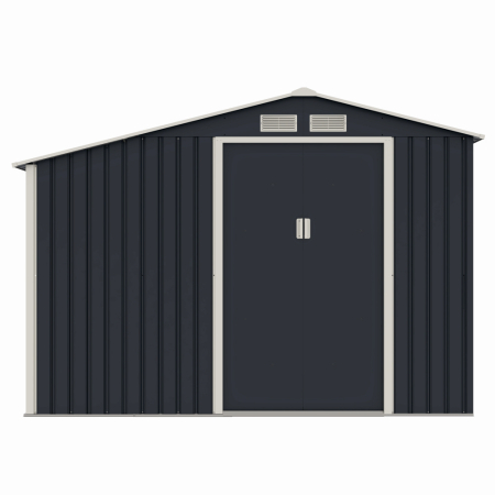 Gradina - Casuta / magazie de gradina premium metalica, MESTERINO Luke-A, Gri/Bej, dimensiuni 278x131x195 cm, cu usi culisante si baza metalica
