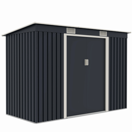 Gradina - Casuta / magazie de gradina premium metalica, MESTERINO S2001-B, Gri/Bej, dimensiuni 261x121x176 cm, cu usi culisante si baza metalica