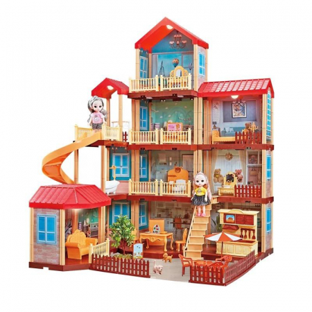 Jucarii, Copii & Bebe - Casuta papusi marime JUMBO cu 4 etaje, tobogan, lumini, papusi si mobilier, 320 piese incluse – Lumea Barbie