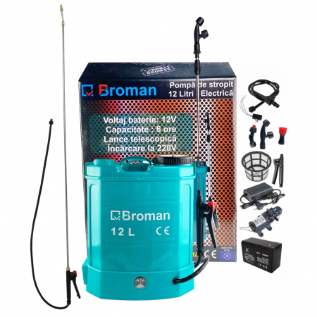 Pompe de stropit cu acumulator - *Cel mai bun pret* Pompa de stropit cu acumulator Broman 12 L, 12 V, 2.4 MPA, timp functionare 6 ore + Lance extensibila 2.8 m