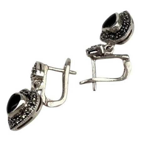 Cercei Argint 925 Inimi cu Marcasite si Piatra Neagra [3]