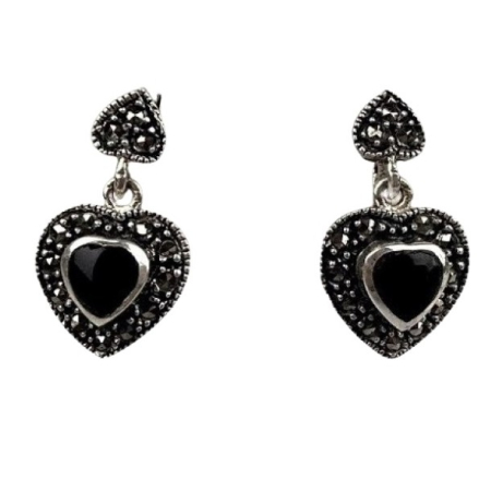 Bijuterii argint - Cercei Argint 925 Inimi cu Marcasite si Piatra Neagra