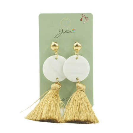 Bijuterii argint - Cercei Dama de Primavara, Jolie, Model cu Ciucuri Aurii si Disc Alb, Eleganti si Moderni, 7 x 2 cm per unitate, Alb/Auriu