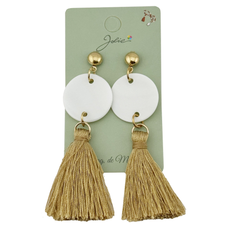 Cercei Dama de Primavara, Jolie, Model cu Ciucuri Aurii si Disc Alb, Eleganti si Moderni, 7 x 2 cm per unitate, Alb/Auriu [1]