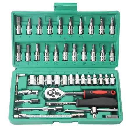 Pentru Casa si Camping - Chei tubulare Set 46 de Piese, Flippy, Trusa Scule de Reparatii Auto, Prelungitoare Rigid si Flexibil, Articulatie Cardanica, Antrenor de Forta Glisant, Adaptoare, Maner pentru Surubelnita, 23 x 12 x 