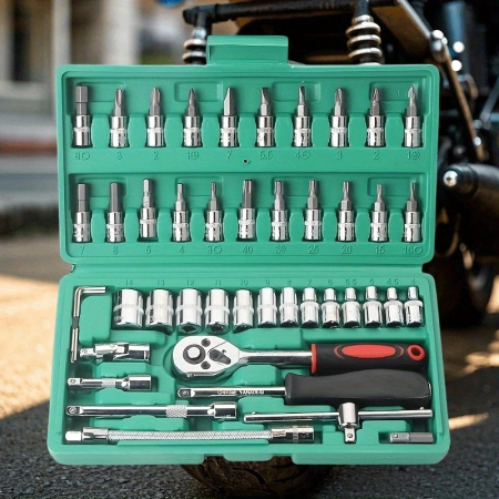 Chei tubulare Set 46 de Piese, Flippy, Trusa Scule de Reparatii Auto, Prelungitoare Rigid si Flexibil, Articulatie Cardanica, Antrenor de Forta Glisant, Adaptoare, Maner pentru Surubelnita, 23 x 12 x  [3]