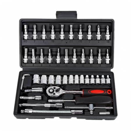 Sub 99 Lei - Chei tubulare Set 46 de Piese, Flippy, Trusa Scule de Reparatii Auto, Prelungitoare Rigid si Flexibil, Articulatie Cardanica, Antrenor de Forta Glisant, Adaptoare, Maner pentru Surubelnita, 23 x 12 x 