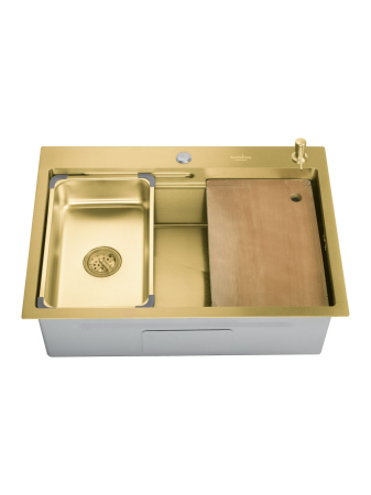 Pentru Casa si Camping - Chiuveta de bucatarie handmade Sandonna HD7050 cu tavita, tocator si dispenser de sapun incluse - Auriu