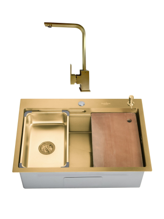 Pentru Casa si Camping - Chiuveta de bucatarie handmade Sandonna HD7050 cu tavita, tocator si dispenser de sapun incluse + Baterie Nera pivotanta - Auriu