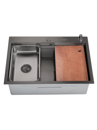 Pentru Casa si Camping - Chiuveta de bucatarie handmade Sandonna HD7050 cu tavita, tocator si dispenser de sapun incluse - Negru