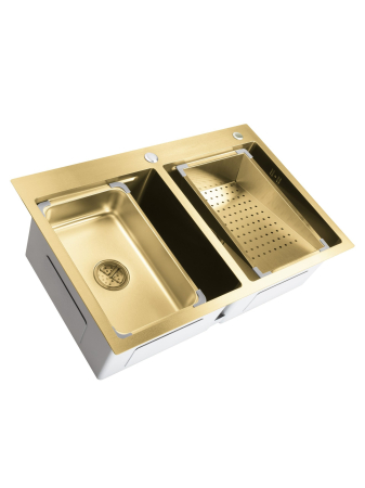 Pentru Casa si Camping - Chiuveta de bucatarie handmade Sandonna HD7850DR cu 2 cuve, tavite si dispenser de sapun incluse - Auriu