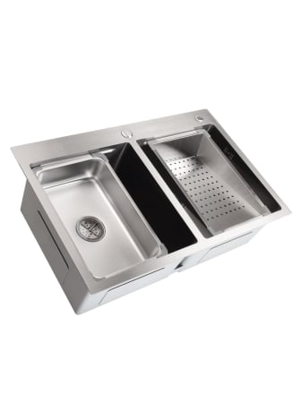 Pentru Casa si Camping - Chiuveta de bucatarie handmade Sandonna HD7850DR cu 2 cuve, tavite si dispenser de sapun incluse - Inox