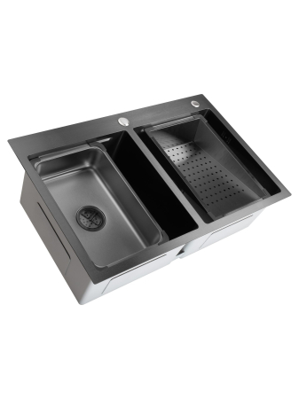 Pentru Casa si Camping - Chiuveta de bucatarie handmade Sandonna HD7850DR cu 2 cuve, tavite si dispenser de sapun incluse - Negru