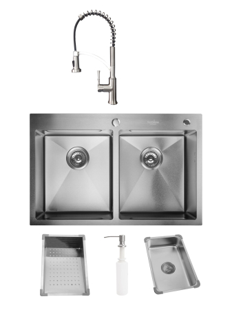 Pentru Casa si Camping - Chiuveta de bucatarie handmade Sandonna HD7850DR din inox cu 2 cuve, tavite si dispenser de sapun + Baterie flexibila Sandonna Mona crom