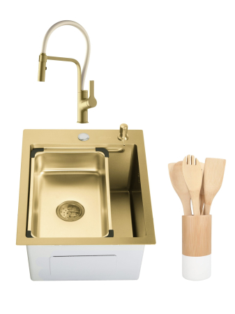 Pentru Casa si Camping - Chiuveta de bucatarie Sandonna HD4050 din inox cu tavita si dispenser + Baterie Andra auriu-alb + Ustensile de gatit din bambus