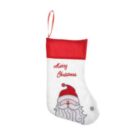 Decoratiuni, ornamente si articole Craciun - Ciorap Cadouri, culoare alba, imprimeu Mos Craciun, marimea 16x30 cm, Flippy
