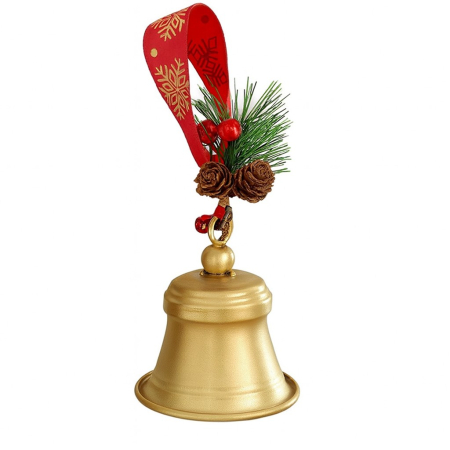 Clopot decorativ pentru Brad Craciun, Flippy, Clopot din Metal cu Funda si Crenguta de Brad pentru Decoratiune de Craciun, 10 x 8 x 8 cm, Auriu [6]
