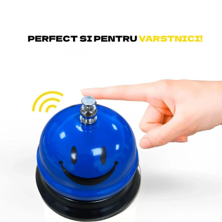 Clopotel Metalic Multifunctional, Flippy, Albastru cu Imprimeu Smiley Face, 7.5x7.5x6.5 cm, Receptie, Restaurant, Cafenele [3]