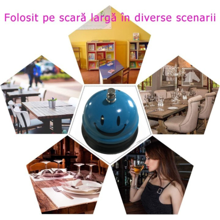 Clopotel Metalic Multifunctional, Flippy, Albastru Deschis cu Imprimeu Smiley Face, 7.5x7.5x6.5 cm, Receptie, Restaurant [4]