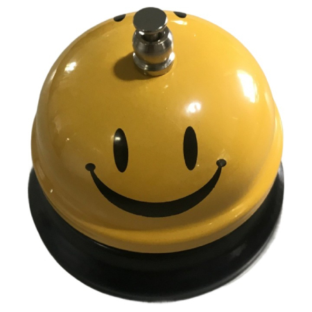 Accesorii bucatarie - Clopotel Metalic Multifunctional, Flippy, Galben cu Imprimeu Smiley Face, 7.5x7.5x6.5 cm, Receptie, Restaurant, Cafenele