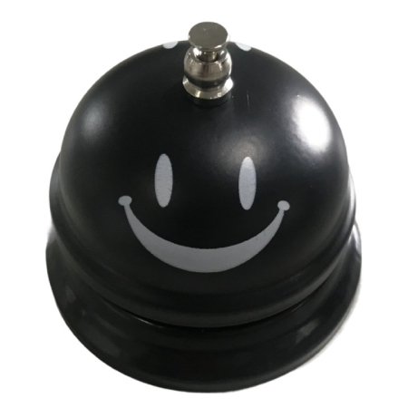 Accesorii bucatarie - Clopotel Metalic Multifunctional, Flippy, Negru cu Imprimeu Smiley Face, 7.5x7.5x6.5 cm, Receptie, Restaurant, Cafenele