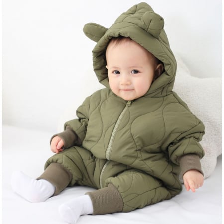 Articole copii - Combinezon de Iarna, Flippy, pentru Bebelusi, din Bumbac, cu Urechi, Mansete Elastice, Unisex, 73 cm, Verde