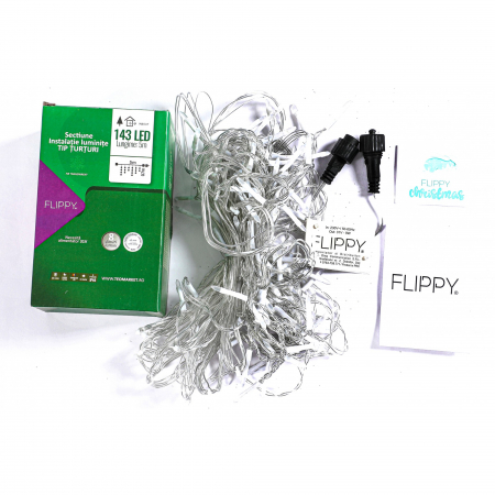 Componenta Instalatie de Craciun Flippy® Tip Franjuri, 8 jocuri de lumini Sectiune 5 m, 143 LED-uri, Interconectabila, Fir Transparent, Alb Rece, Nu contine Transformator ! [3]