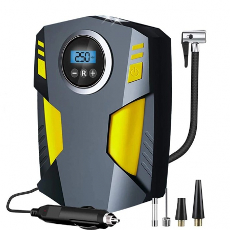 Pentru Casa si Camping - Compresor Auto Portabil cu Lanterna si Afisaj Electornic Flippy, DC 12V, 120W, 35L/min, Cablu de alimentare 3m, Pompa Biciclete, Moto, Mingi, Saltele, Max 10.3bar, lumina LED, Negru