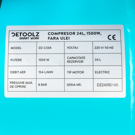 Compresor Detoolz 24L fara ulei, 1500 W, debit 154L/min, 8 bar, 2 prize de aer [11]