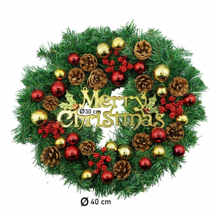 Coronita de Craciun pentru usa, Rosu-Auriu-Verde, 40 cm, PVC, Artificiala, Decorata, Interior/Exterior, Flippy [10]