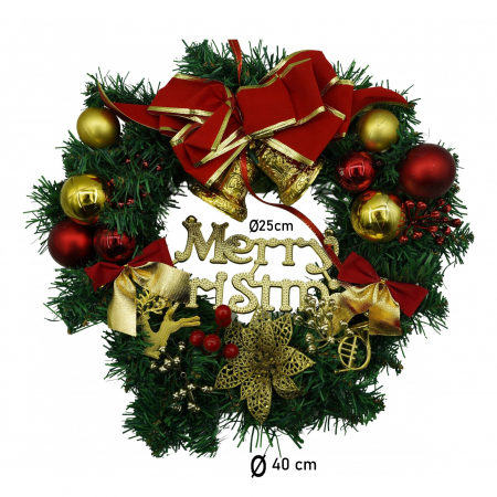 Coronita de Craciun pentru usa, Rosu/Auriu/Verde, 40 cm, PVC, Artificiala, Decorata, Interior/Exterior, Flippy [5]