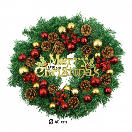 Coronita de Craciun pentru usa, Rosu-Auriu-Verde, 40 cm, PVC, Artificiala, Decorata, Interior/Exterior, Flippy [5]
