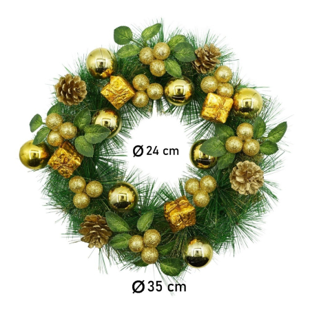Coronita de Craciun pentru usa, Verde/Auriu, 35 cm, PVC, Artificiala, Decorata, Interior/Exterior, Flippy [10]