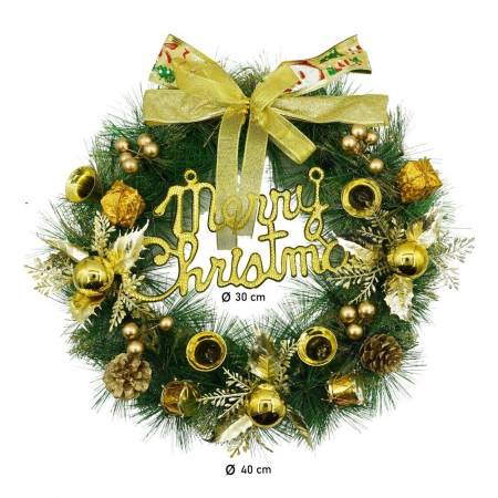 Coronita de Craciun pentru usa, Verde/Auriu, 40 cm, PVC, Artificiala, Decorata, Interior/Exterior, Flippy [10]