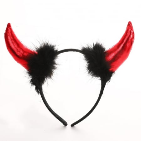 Accesorii Petrecere - Coronita Deghizare, Flippy, Model Cornite Devil, Rosu Satinat cu Puf Negru, Marime Universala