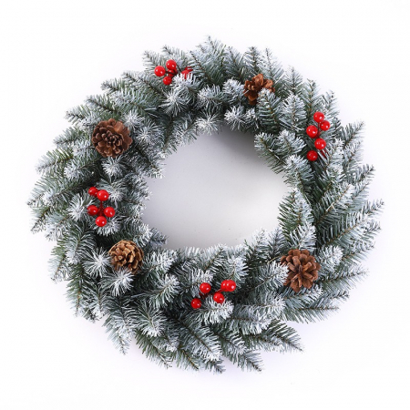 Decoratiuni, ornamente si articole Craciun - Coronita pentru Craciun Flippy, 60 cm, din brad artificial, decorata cu conuri si merisoare, Alb/Verde