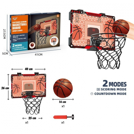 Cos de Baschet pentru Copii, Flippy, cu Tablou de Bord Electronic, Minge, Pompa, 2 Moduri, Interior/Exterior, Inel Metalic si Rabatabil cu Arc, Luminos, 41x27.5x5 cm, Multicolor [1]