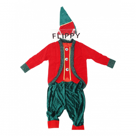 Decoratiuni, ornamente si articole Craciun - Costum Craciun, Flippy, Spiridus, rosu-verde, 10 - 13 ani, catifea
