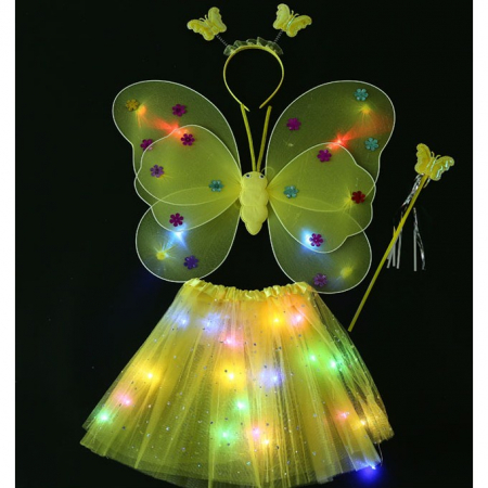 Jucarii, Copii & Bebe - Costum Fluturas cu Aripi Modelabile Luminoase pentru Copii, Flippy, Fusta din Tul cu Lumini, Bagheta si Bentita, 4 piese, Pentru Halloween, Roleplay, Craciun, Carnaval, Paste, Ziua Copilului, Bumbac/P