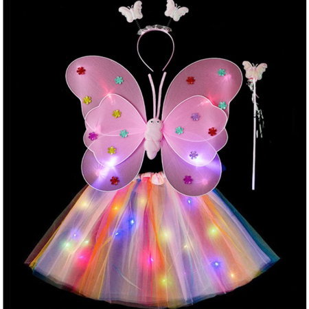 Jucarii, Copii & Bebe - Costum Fluturas cu Aripi Modelabile Luminoase pentru Copii, Flippy, Fusta din Tul cu Lumini, Bagheta si Bentita, 4 piese, Pentru Halloween, Roleplay, Craciun, Carnaval, Paste, Ziua Copilului, Bumbac/P