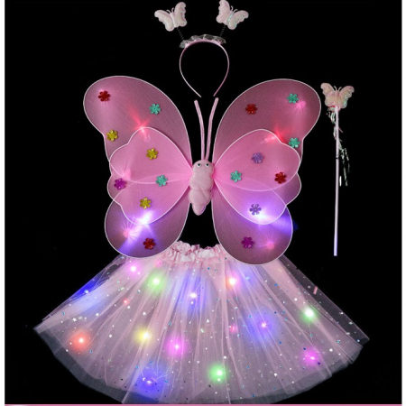 Articole copii - Costum Fluturas cu Aripi Modelabile Luminoase pentru Copii, Flippy, Fusta din Tul cu Lumini, Bagheta si Bentita, 4 piese, Pentru Halloween, Cosplay, Craciun, Carnaval, Paste, Ziua Copilului, Bumbac/Po