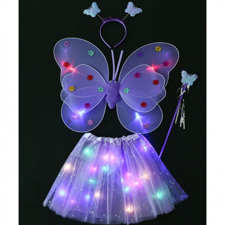 Jucarii, Copii & Bebe - Costum Fluturas cu Aripi Modelabile Luminoase pentru Copii, Flippy, Fusta din Tul cu Lumini, Bagheta si Bentita, 4 piese, Pentru Halloween, Roleplay, Craciun, Carnaval, Paste, Ziua Copilului, Bumbac/P