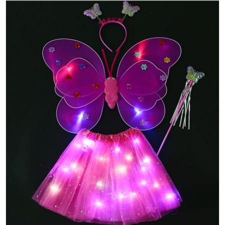 Jucarii, Copii & Bebe - Costum Fluturas cu Aripi Modelabile Luminoase pentru Copii, Flippy, Fusta din Tul cu Lumini, Bagheta si Bentita, 4 piese, Pentru Halloween, Roleplay, Craciun, Carnaval, Paste, Ziua Copilului, Bumbac/P