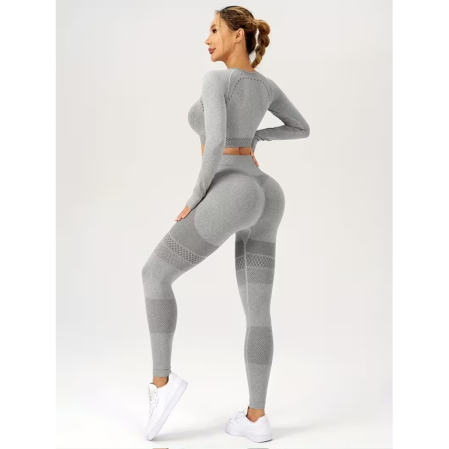 Costum Sport de Dama, Flippy, pentru Yoga, Talie Inalta, Top Scurt, Elastic, Gri, Marime S [4]