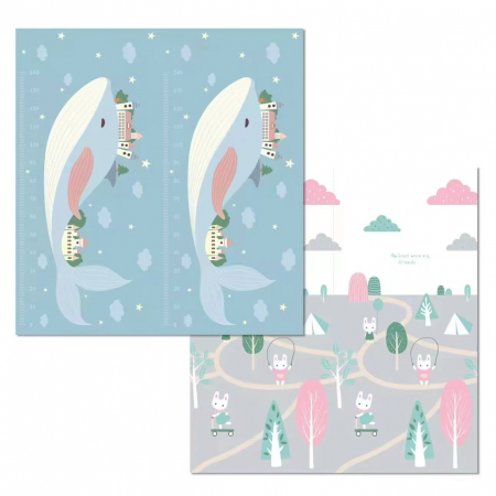 Covoras pentru Copii, Flippy, cu 2 Fete, Model Balene/Iepurasi, din XPE+PE, Impermeabil, Antiderapant, Protectie Termica, +3 Luni, Pliabil, 180 x 200 x 1.5 cm, Multicolor [1]
