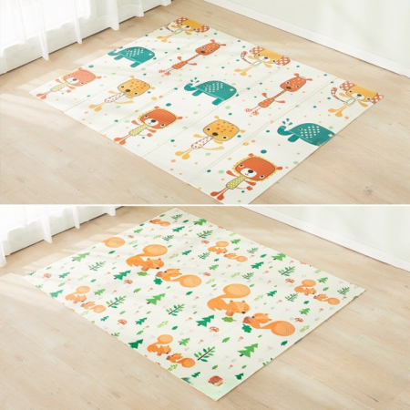 Covorase de joaca - Covoras de Joaca pentru Copii Termic cu 2 Fete, Flippy, Model Veverite si Elefanti, cu Spuma, Impermeabil, Antiderapant, 200cm x 180cm x 1cm