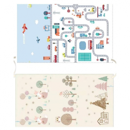 Jucarii, Copii & Bebe - Covoras de Joaca pentru Copii Termic cu 2 Fete, Flippy, Model Vulpi si Pista de Masini, cu Spuma, Impermeabil, Antiderapant, 200cm x 180cm x 0.8cm