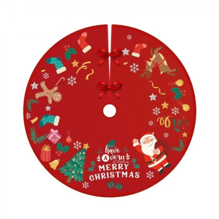 Covoras pentru Bradul de Craciun, Flippy, din Tesatura Pufoasa, cu Fundite de Prindere, Model Mos Craciun, Rosu, Diametru 90 cm [10]