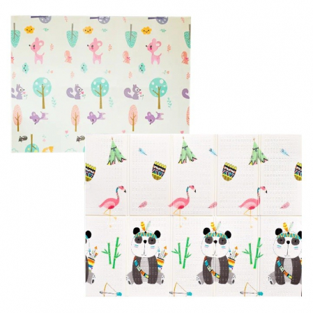 Jucarii, Copii & Bebe - Covoras pentru Copii, Flippy, cu 2 Fete, Model Caprioare/Panda, din XPE+PE, Impermeabil, Antiderapant, Protectie Termica, +3 Luni, Pliabil, 150 x 200 x 1 cm, Multicolor