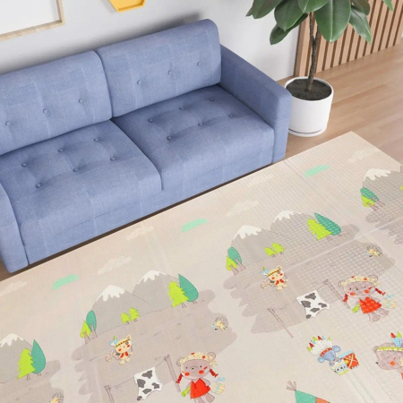 Covoras pentru Copii, Flippy, cu 2 Fete, Model Maimute/Indieni, din XPE+PE, Impermeabil, Antiderapant, Protectie Termica, +3 Luni, Pliabil, 150 x 200 x 1 cm, Multicolor [1]